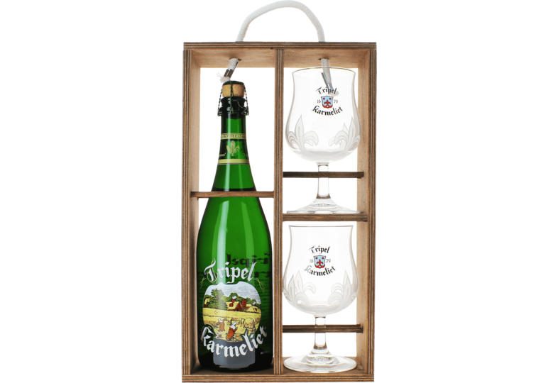 Accessoires et cadeaux - Coffret Tripel Karmeliet - Bois (1 bière 75cl 2 verres)