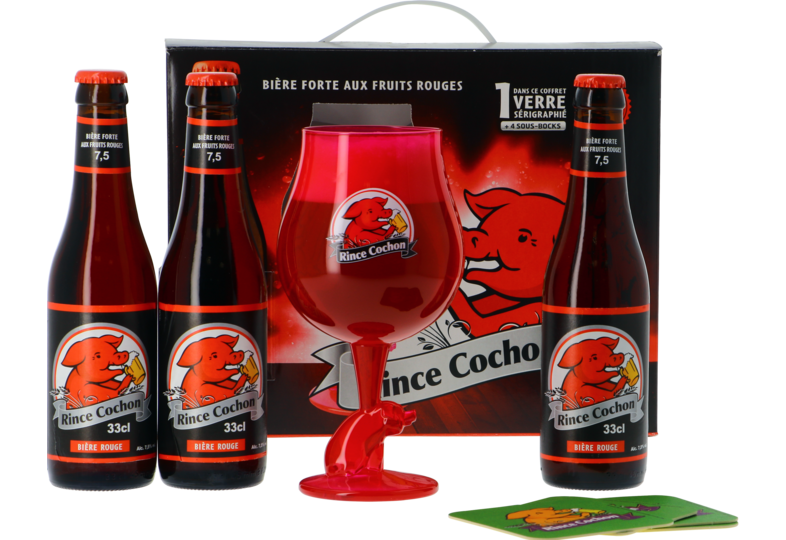 Gift box with beer and glass - Giftpack Rince Cochon Rouge (3 Flessen 1 Glas)